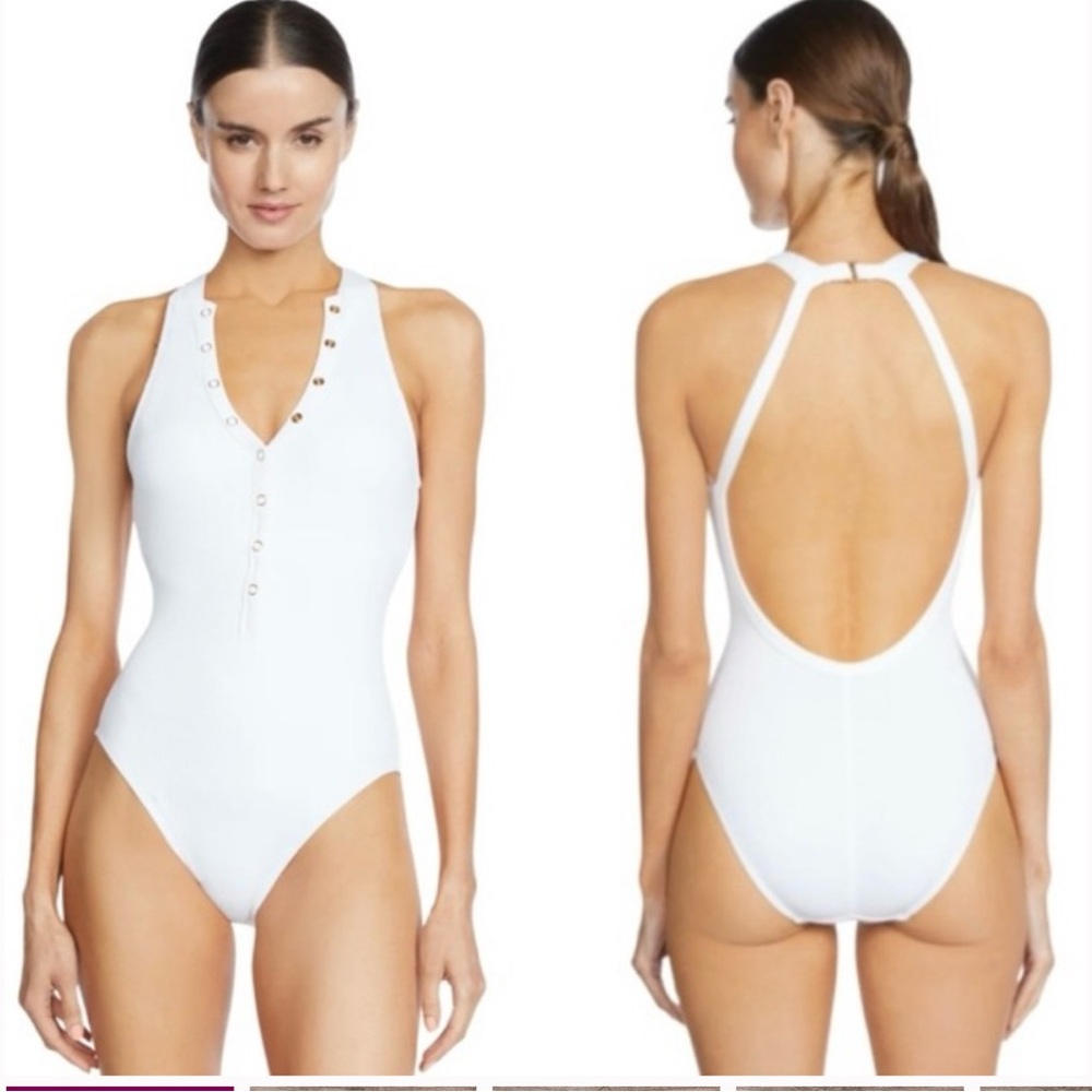 Robin Piccone White Amy Rib One Piece Swimsuit, Size 12